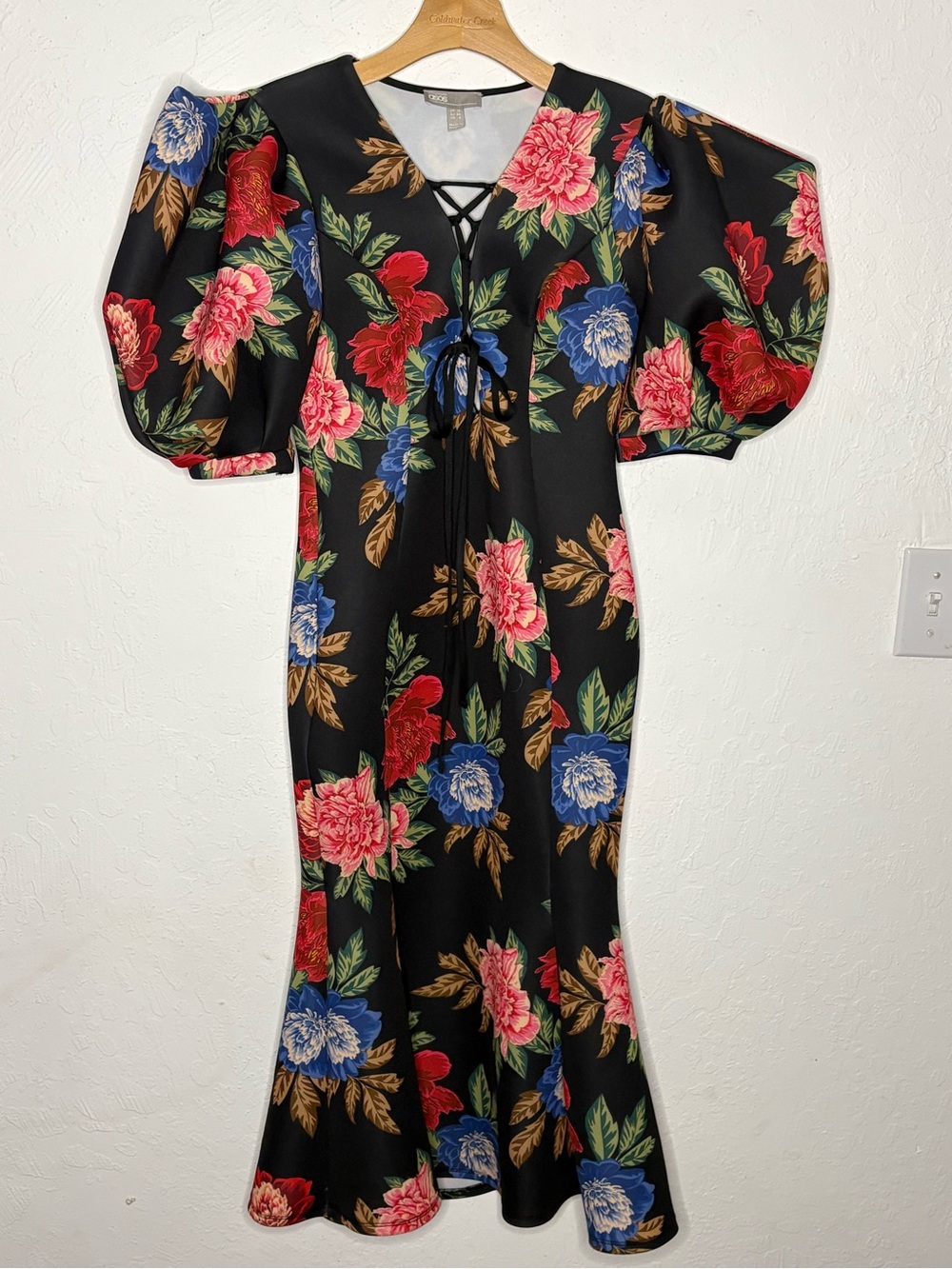 ASOS DESIGN Scuba Floral Puff Sleeve Midi Dress US 6 Lace Up Front Bodycon Tie